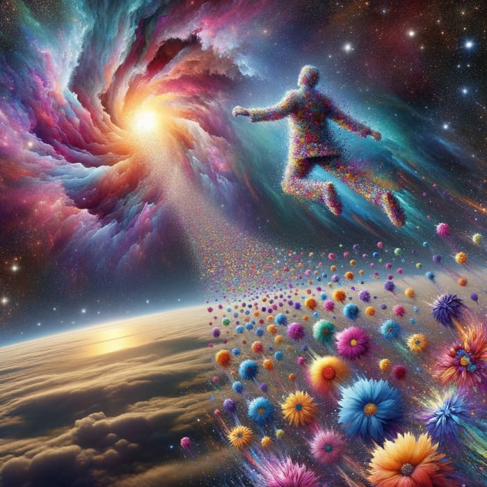 Cosmic Flower Man in Colorful Supernova Dive