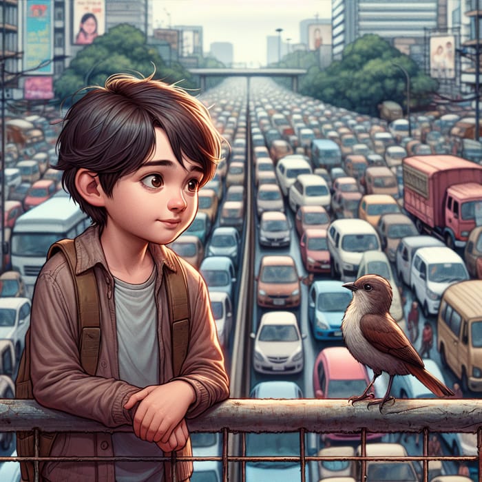Young Boy and Bird on Urban Bridge Over Traffic Jam