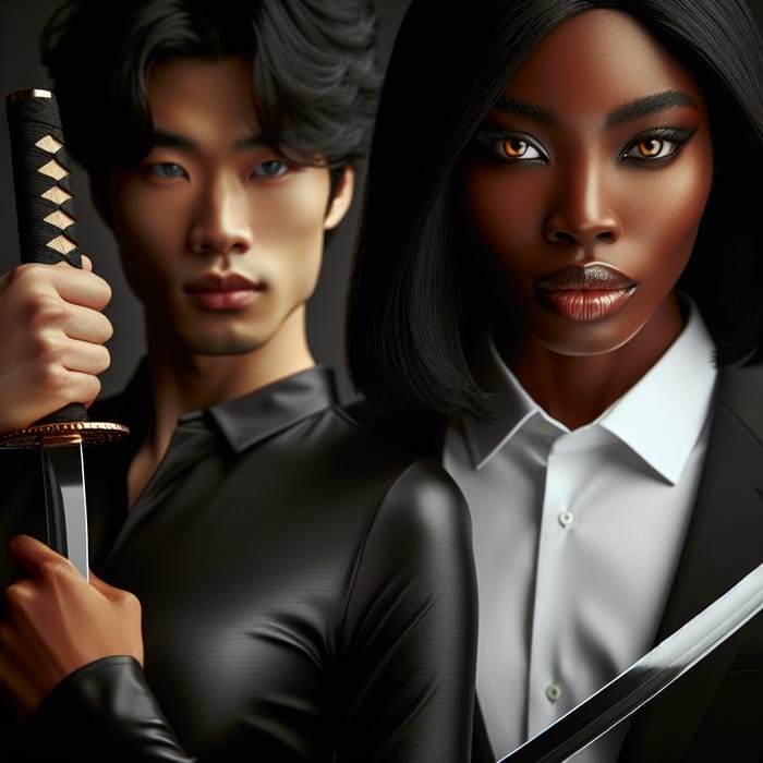 Black Woman and Asian Man with Swords - Partners in Duel
