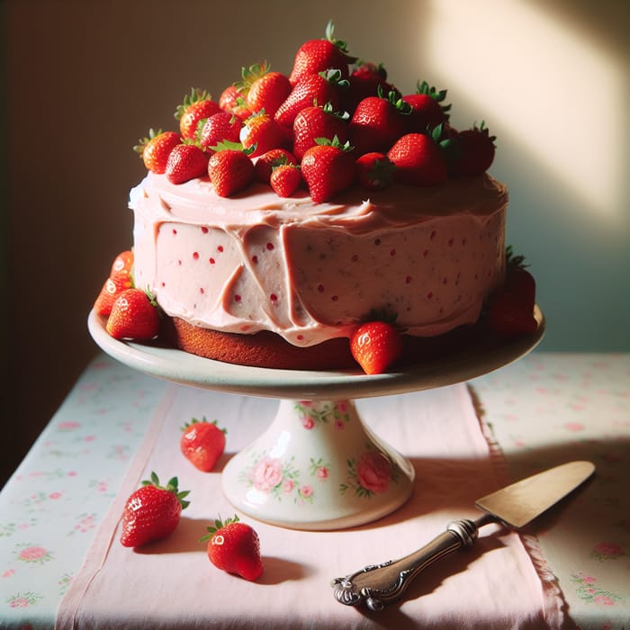 Tasty Strawberry Cake with Frosting and Fresh Strawberries