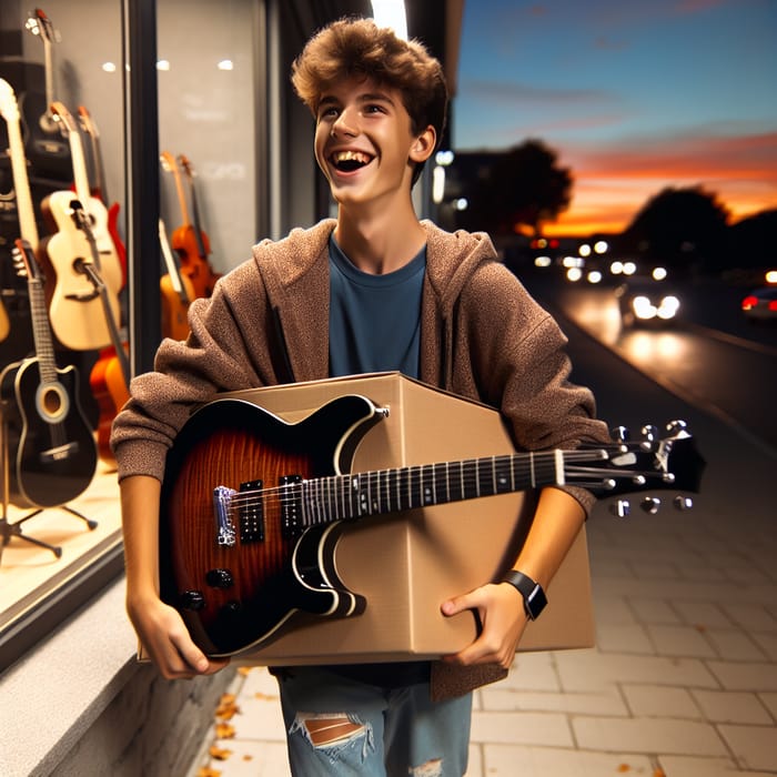 Happy Teenager Leaving Music Store with New Guitar