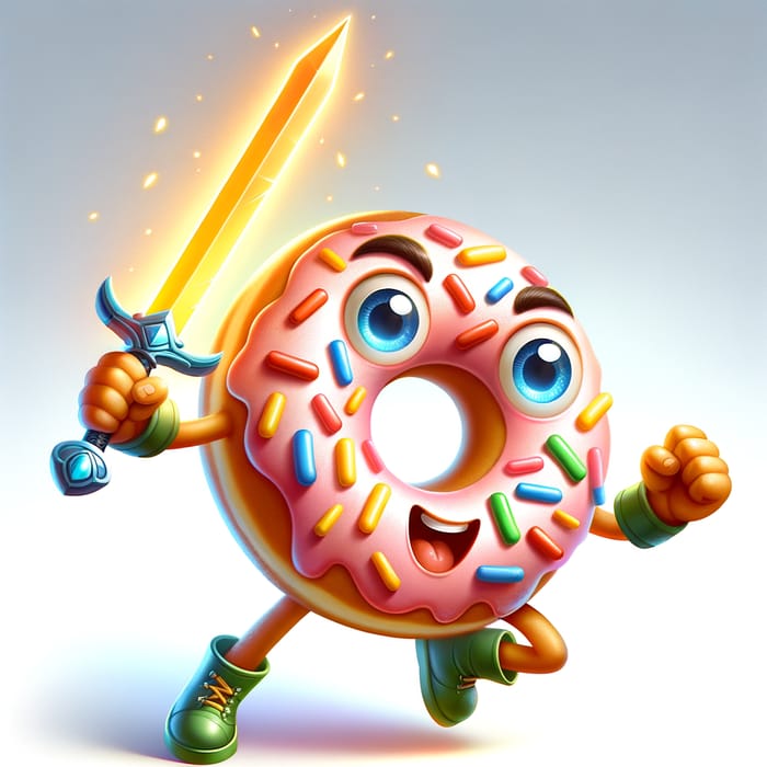 Playful Donut Warrior: Vibrant Fantasy Illustration with Glowing Sword