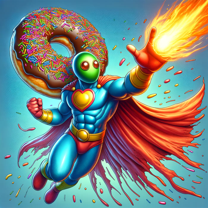 Eccentric Donut Superhero Shooting Fireball with Colorful Sprinkles