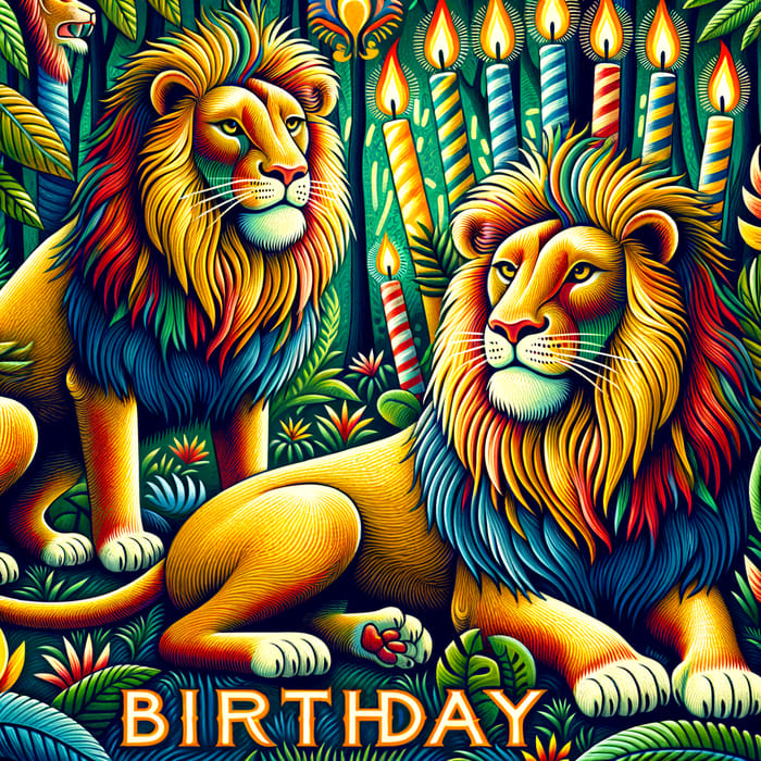 Vibrant Birthday Poster with Majestic Lions - Jungle Inspired