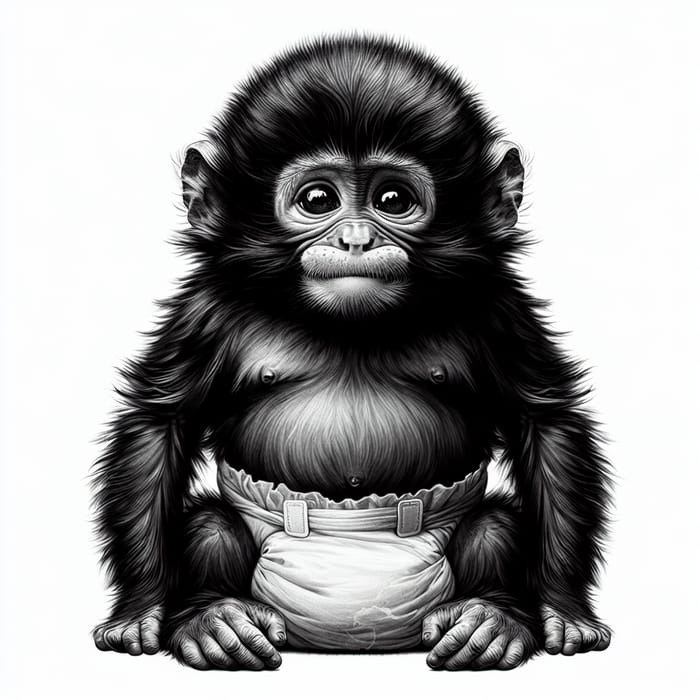 Adorable Chubby Monkey with Diaper - Black and White
