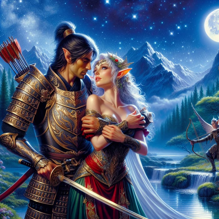 Romantic Samurai Embracing High Elf Archer Under Moonlight