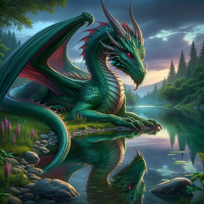 Majestic Emerald Dragon by the Tranquil Lake