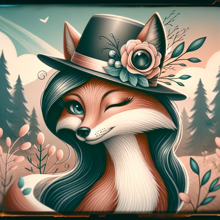 Whimsical Female Fox Wearing Fedora Top Hat | Nature-Inspired Art