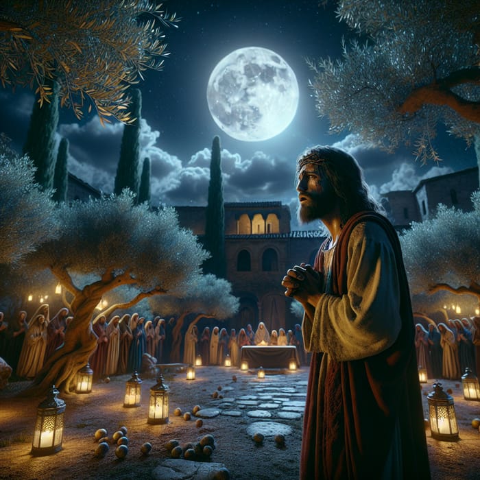 Hyperrealistic Image of Betrayal in Ancient Garden: Jesus at Gethsemane