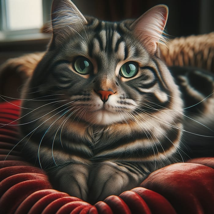 Adorable Tabby Cat Resting on Red Cushion
