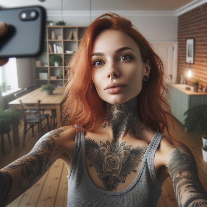 Stylish Red-Haired Woman with Neck Tattoo in Low-Quality Selfie