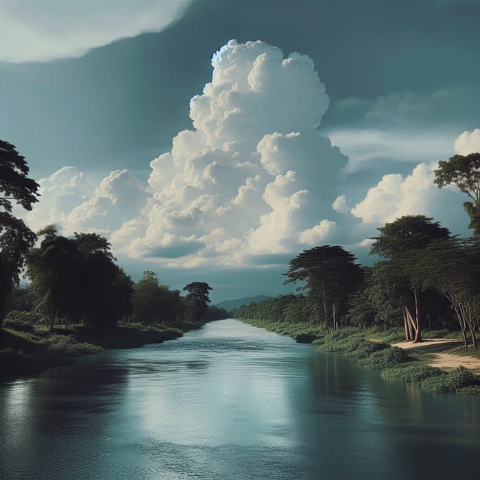 Tranquil River Landscape with Trees under Partly Cloudy Sky