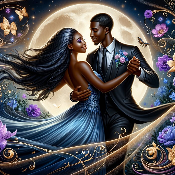 Expressive Love Dance: African-American Couple in Moonlit Serenade