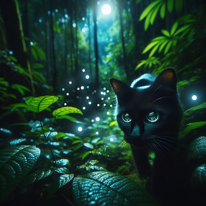 Black Cat in Jungle - Nighttime Wild Encounter