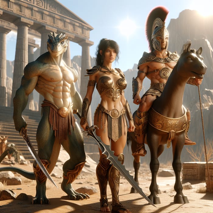 Epic Fantasy Battle: Female Conan, Lizardman, and Centaur in Ancient Desert Ruins