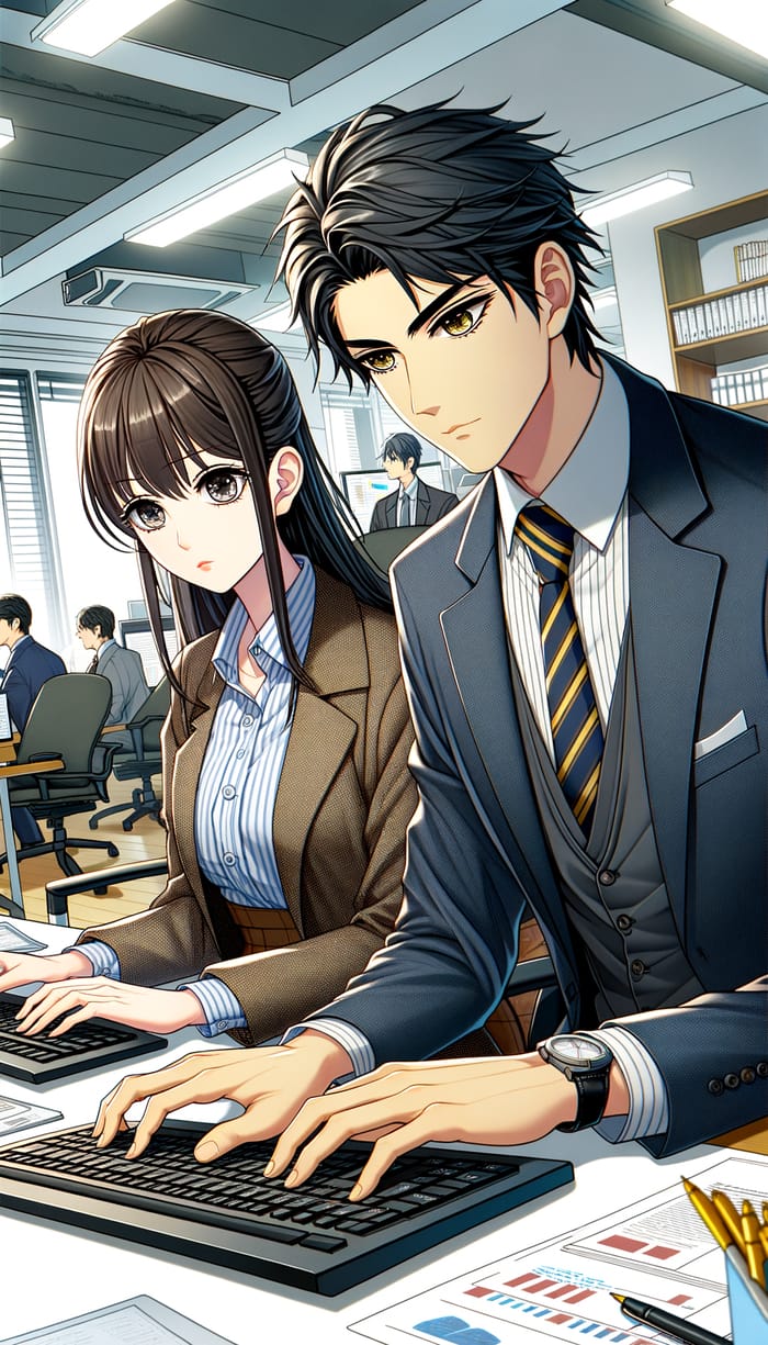 Anime-Inspired Office Man and Woman Working Smart
