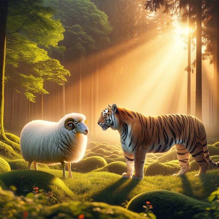 Serene Chat Between Sheep and Tiger in Lush Forest