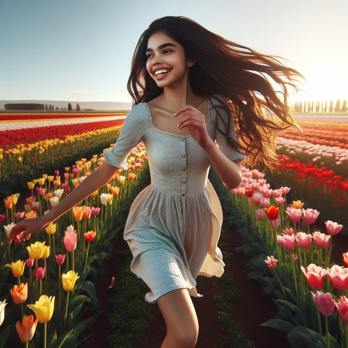 Smiling Teenage Girl Running in Tulip Field