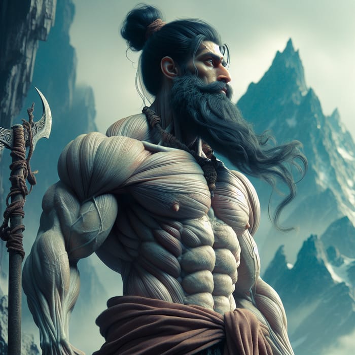 Spiritual South Asian Man on Fantastical Mountain with Impressive Muscular Form and Axe