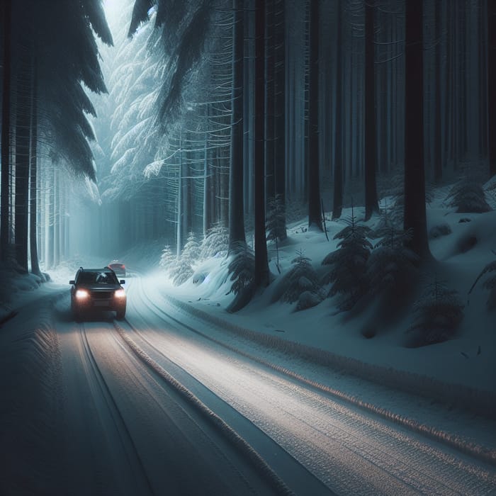 Car Driving in Dark Forest on Snowy Trail