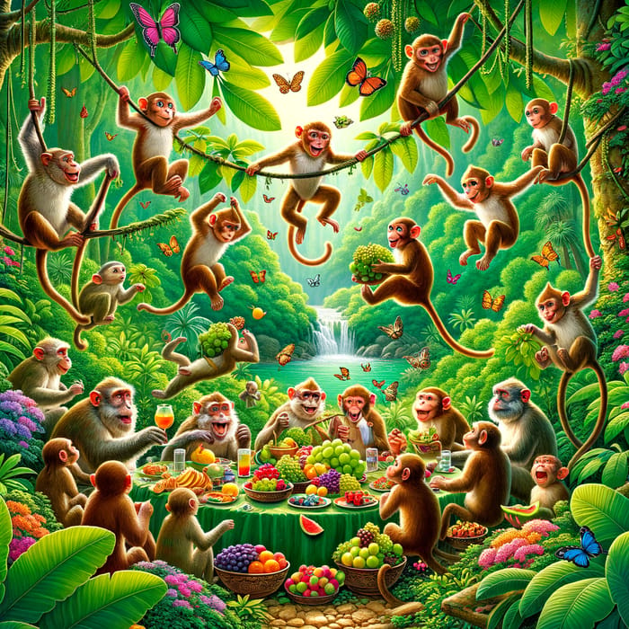 Cheerful Monkey Gathering in Lush Tropical Forest