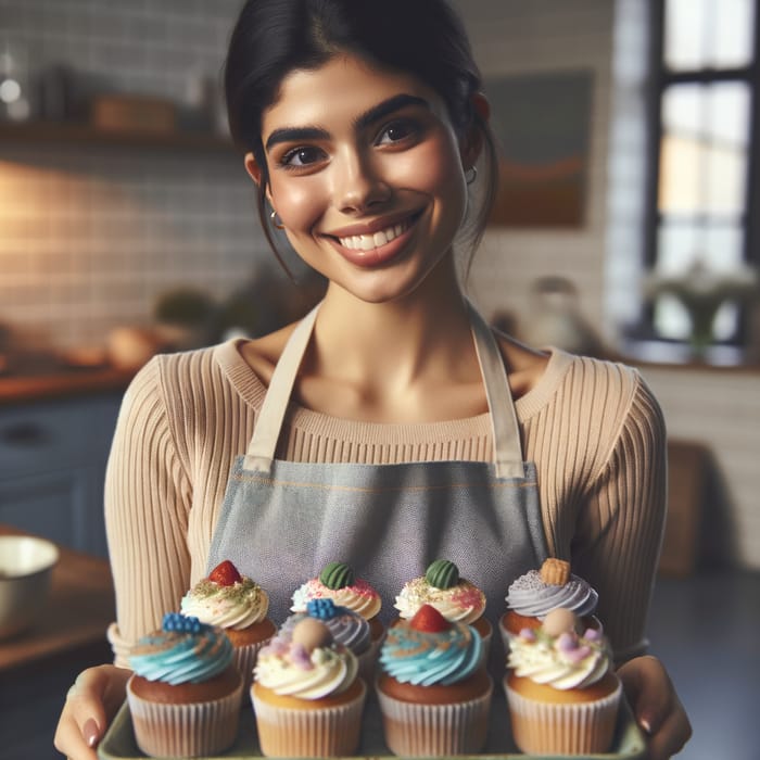 Blissful Hispanic Woman Holding Scrumptious Cupcakes