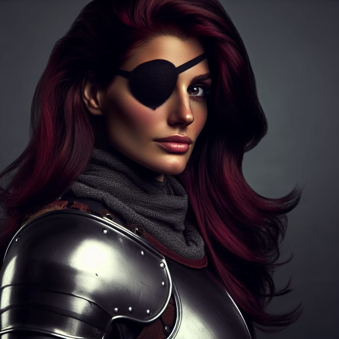 Brave Hispanic Knight Woman with Dark Red Hair and Eye Patch
