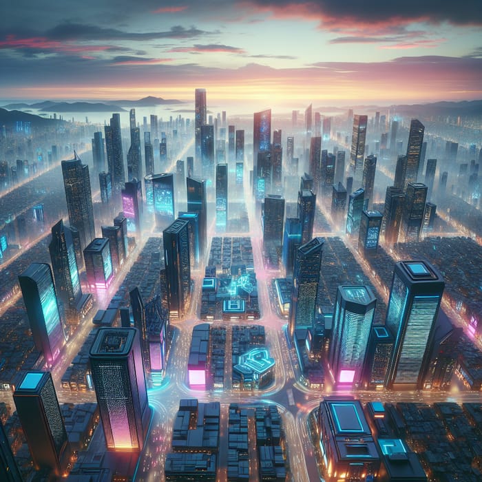 Elevated Cyberpunk City: Vibrant Business Growth at Dusk