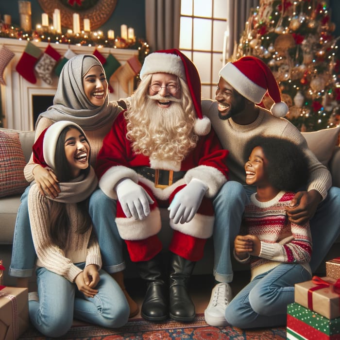 Celebrating Christmas: Santa Claus Joyful Moments with Family in Festively Decorated Living Room