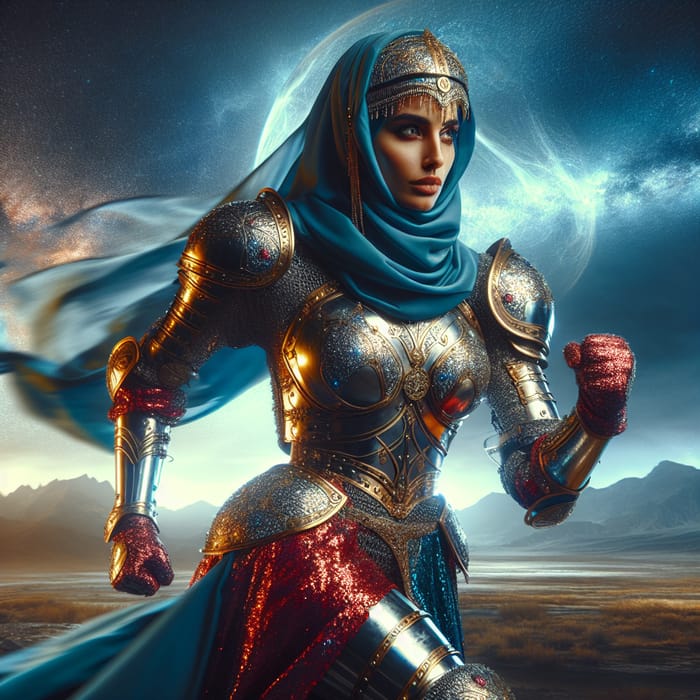 Dynamic Female Knight in Vibrant Modern Armor