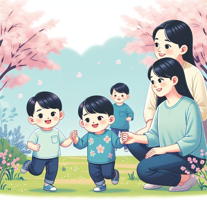 Asian Twin Boys with Mother at Cherry Blossom Park | Quality Family Moment