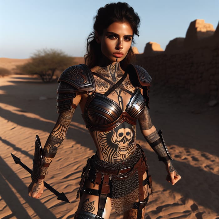 Warrior Girl in Armor with Skull Tattoos