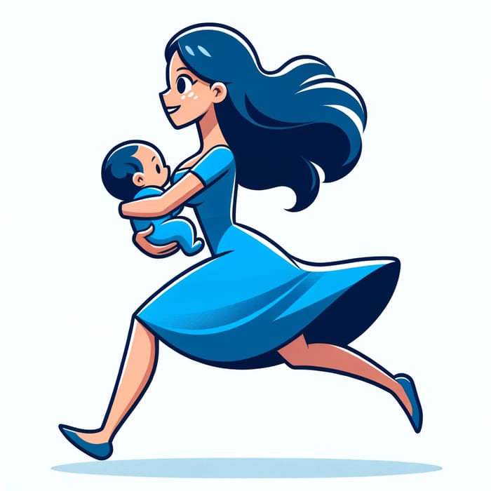 Mother Running with Baby in Blue Dress, Side View Cartoon