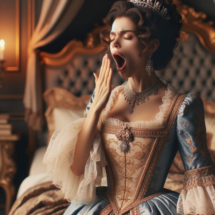 Regal Monarch Yawning: Elegant Bedtime Yawn in Royal Bedroom