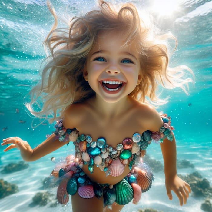 Joyful 5-Year-Old Blonde Mermaid Girl Leah Swimming in Turquoise Sea
