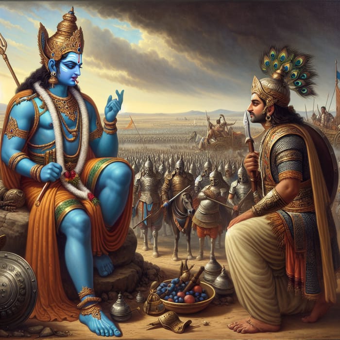 Divine Teaching: Lord Krishna Instructs Arjuna in Battle