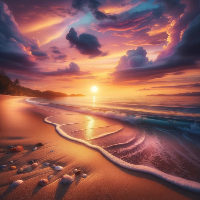 Tranquil Beach Sunset | Idyllic Setting with Expansive Shoreline