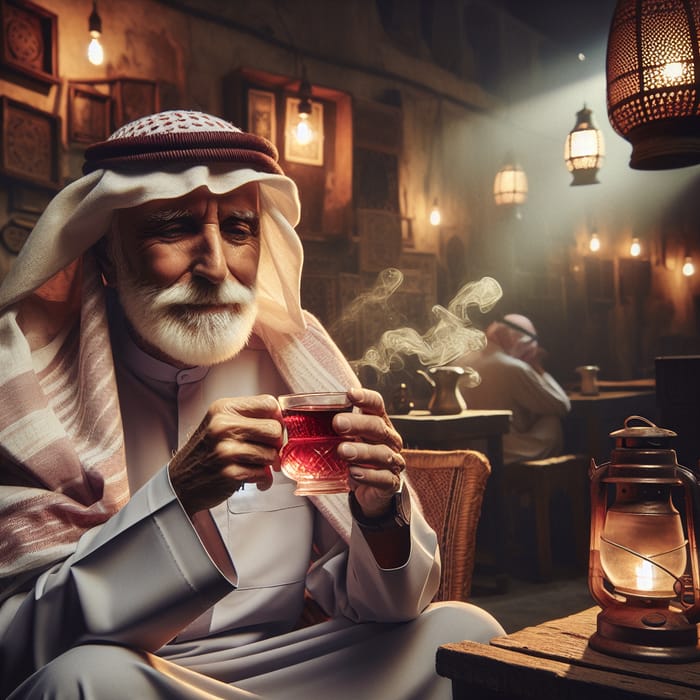 Traditional Arabic Coffee Shop: Elderly Man Sipping Red Tea