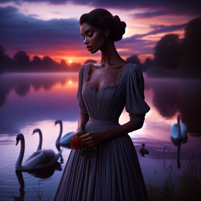 Elegant Woman enjoying Tranquil Dusk by the Lake with Swans