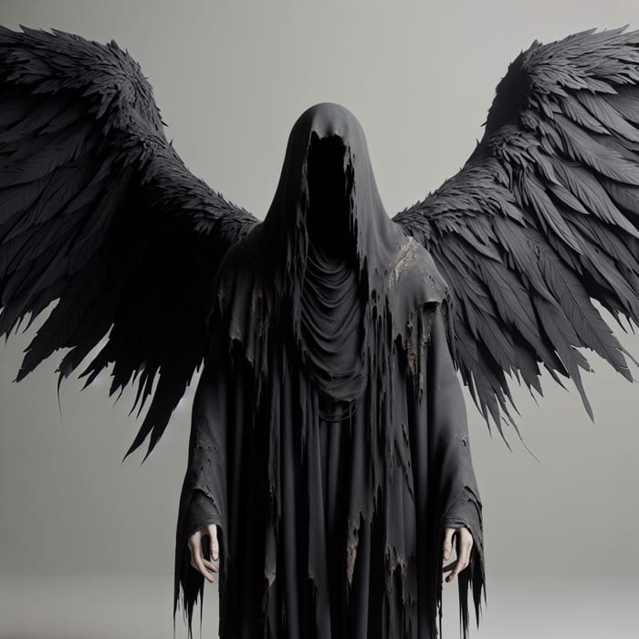 Hyper-Realistic Tall Figure in Tattered Black Cloak & Wings - 8K