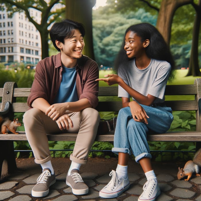 Heartwarming Scene: Asian Man and Black Woman Enjoy Friendship in City Park