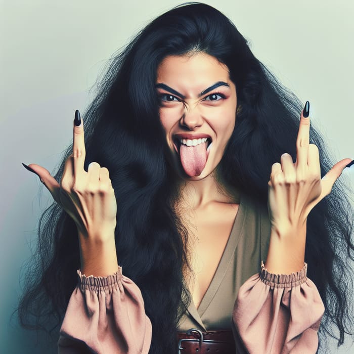 Rebellious Woman Showing Middle Fingers and Sticking Out Tongue