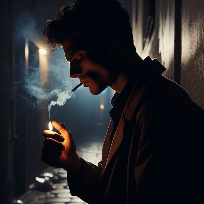 Sad Man Smoking in Dimly Lit Alley