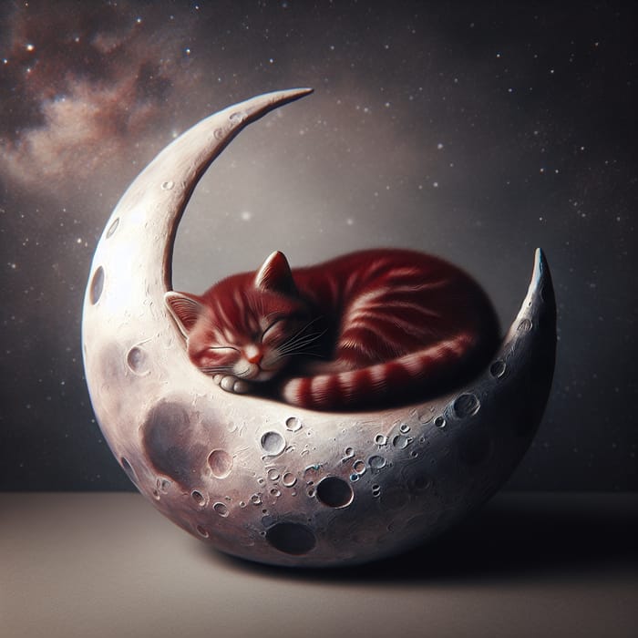 Red Cat Sleeping on the Moon - Tranquil and Fantastical Image
