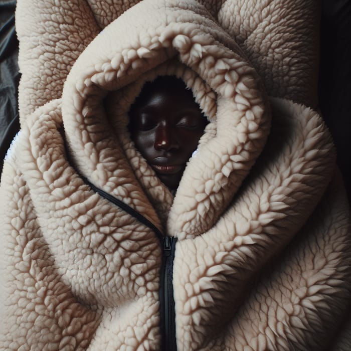 Cozy Hooded Black Woman in Plush Sherpa Sleeping Bag