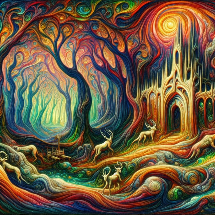 Mystical Forest Temple with Enchanting Creatures - Salvador Dali Art