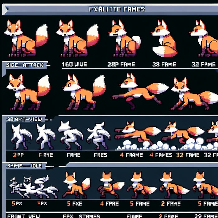 Detailed Pixel Art Sprite Sheet for Fox Character in Tabletop RPG Setting