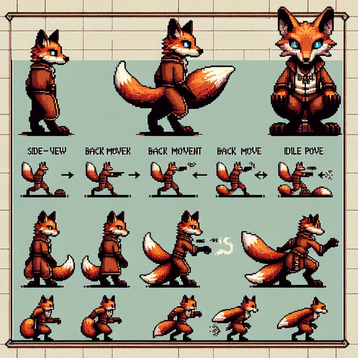Pixel Art Sprite Sheet of Anthropomorphic Fox for D&D RPG