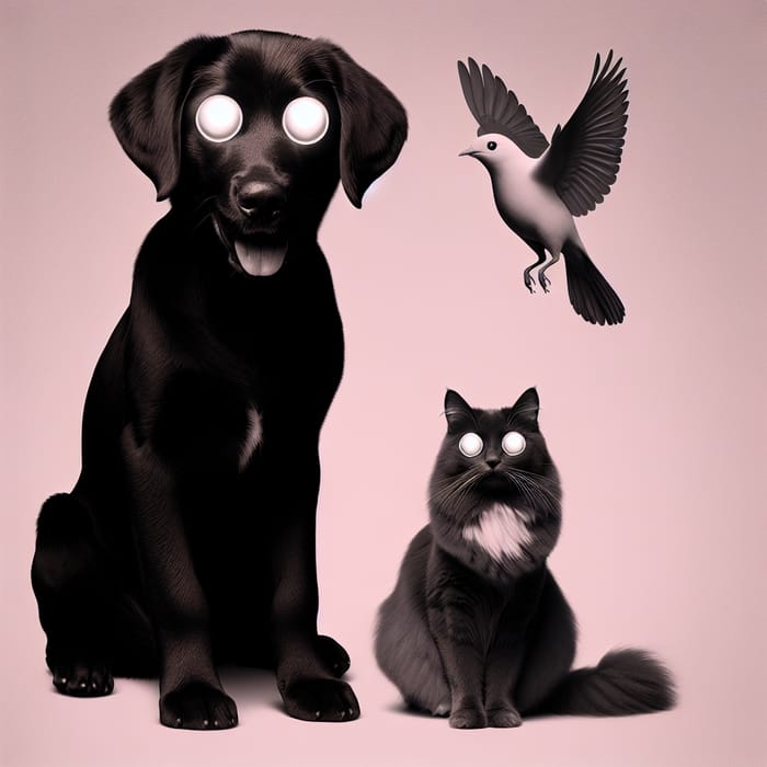 Surreal Black Dog, Cat, Bird with White Eyes on Pink Background
