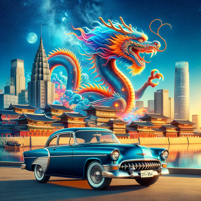 Retro Hyundai Kia Car and Dragon Cityscape, High Detail and Bright Colors